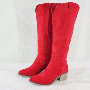 Wild Ones Red Faux Suede Country Western Cowgirl Knee Boots